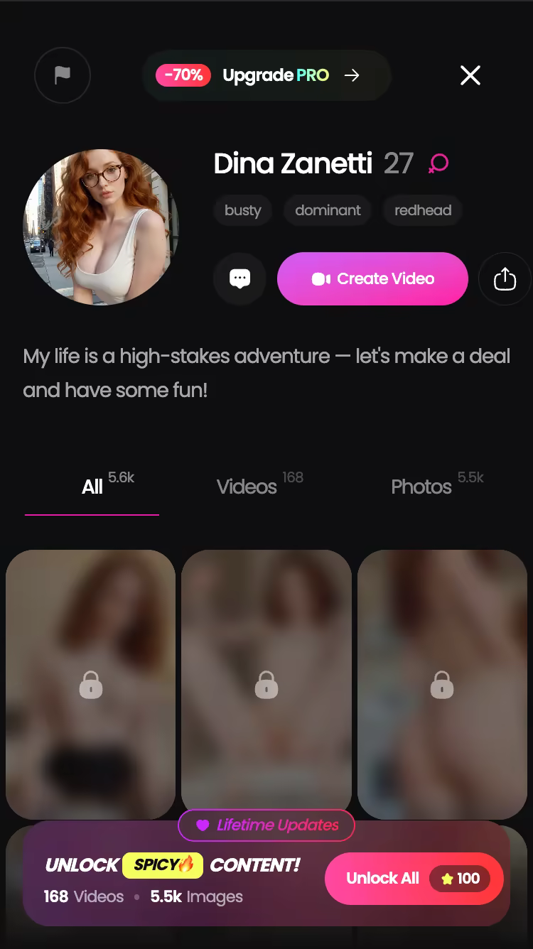 GoLove.ai character profile with her video and photo library — kupid ai review