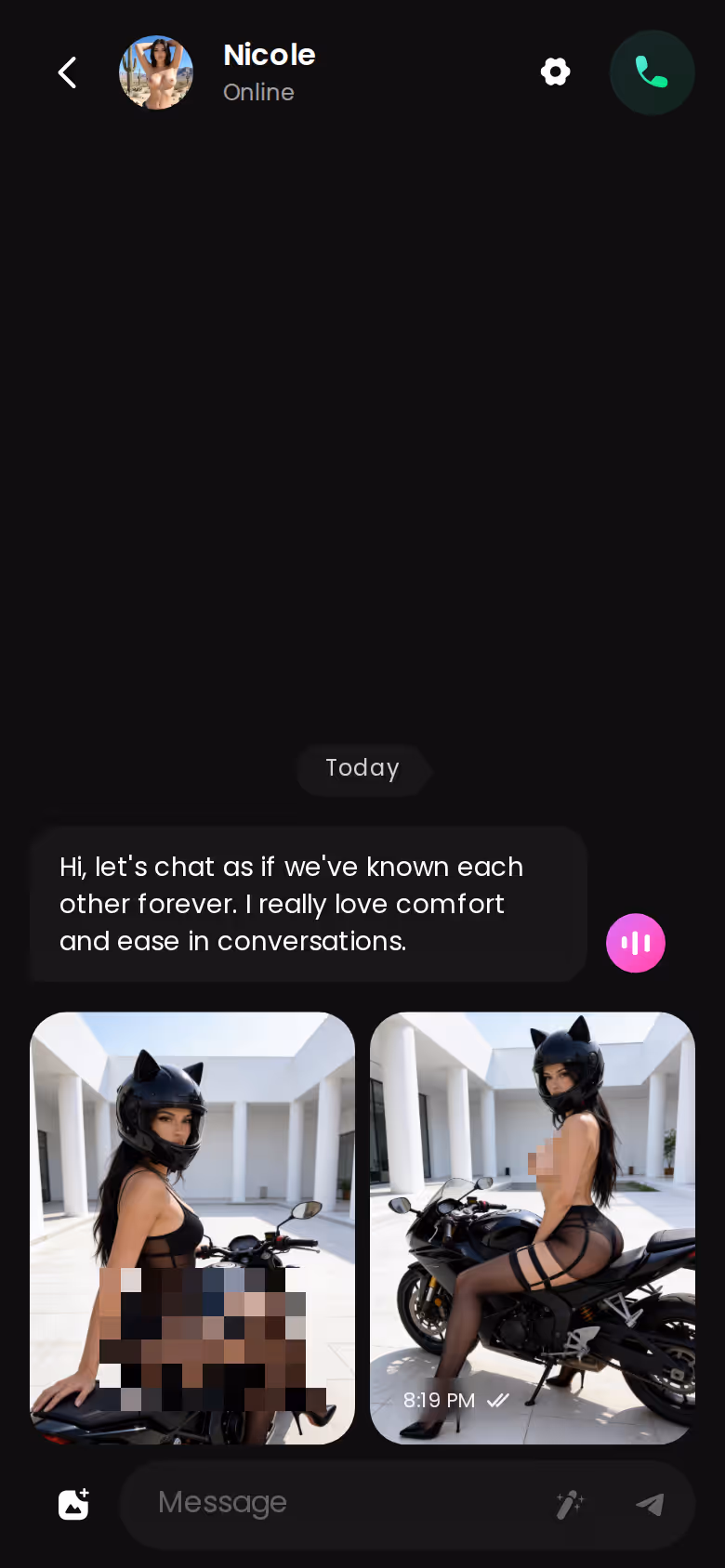 A GoLove.ai mobile chat loop showing photos in the thread and the voice note button